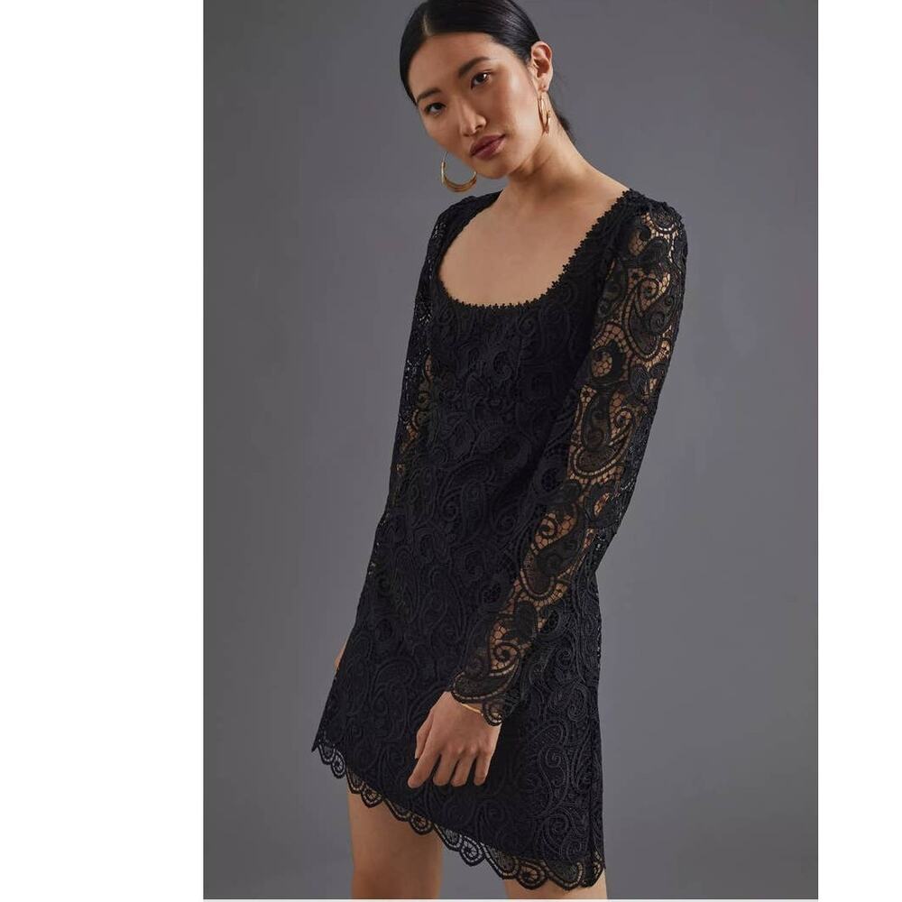 New Anthropologie Maeve Embroidered Lace Mini Dress $180 Sz 6 Black Long Sleeve